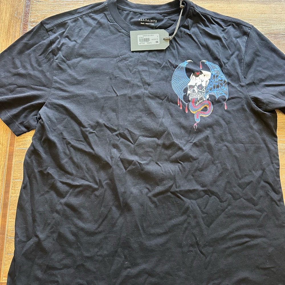 All Saints Jet Black Tee Wraith with Skull and Snake Design (Never Worn)